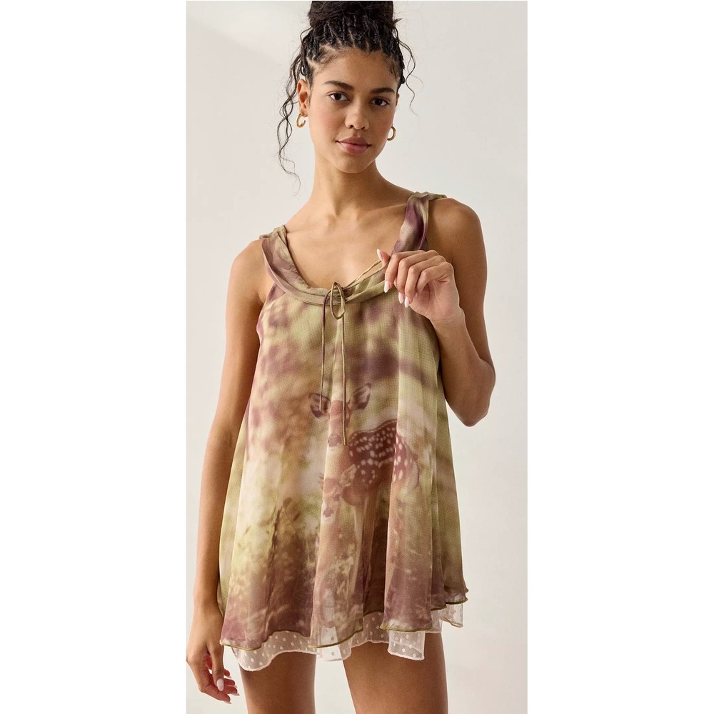 Out From Under Urban Outfitters Deer Mesh Babydoll Top XL Green Brown NWOT